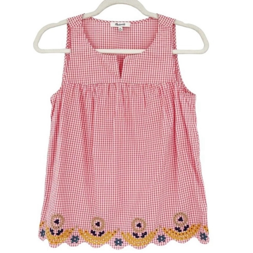Madewell Tank Top Women’s XS Embroidered Red Gingham Spring Summer Floral Check
